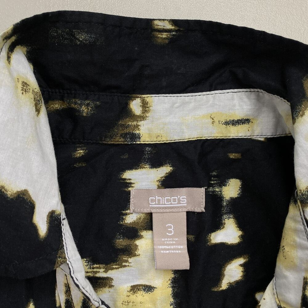 Chicos Top Size 3 Black Abstract Print Button Up Lightweight Neutral Artsy XL 1X - Picture 12 of 14